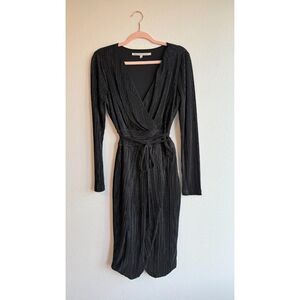 Rachel Roy Silvia Wrap Midi Dress in Black & Metallic Green Plisse size Large